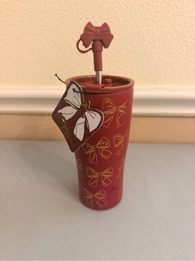 Red Bow-Print Travel Tumbler with Bow-Top Straw